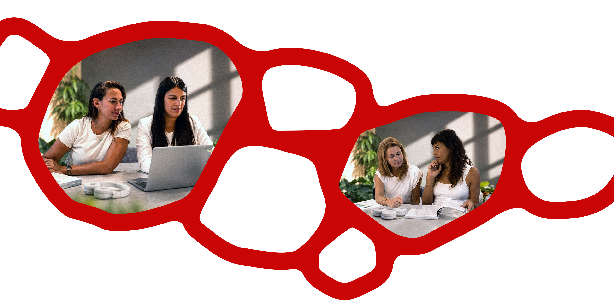 Dos escenas de trabajo: dos mujeres conversan frente a una notebook y otras dos revisan juntas un documento impreso.