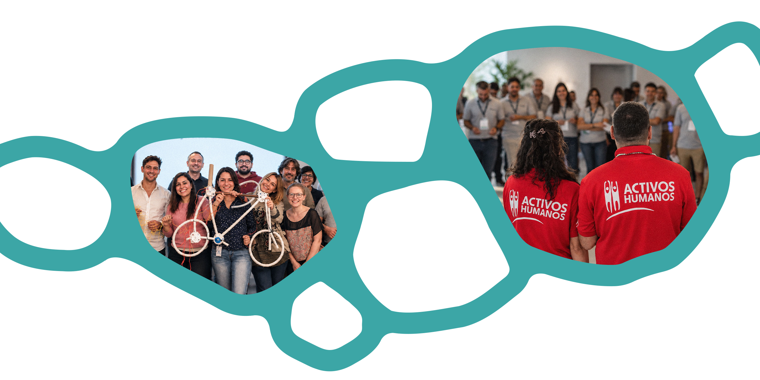 Dos momentos de capacitación: un grupo posa sonriente con una bicicleta armada en equipo, y dos facilitadores de Activos Humanos frente a un auditorio.